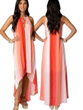 BUDDYLOVE Campbell High Low Peach Coral Striped Dress - Size S